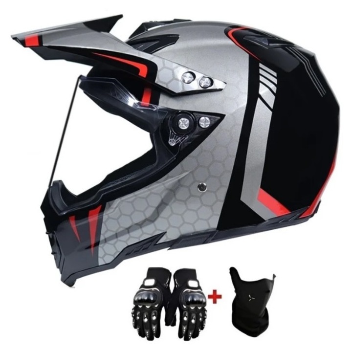 Set Casca Motocross Apex Carbon, cu Viziera, Manusi, si Cagula, Off-Road, Motocross, ATV, Marime XL - Flytec