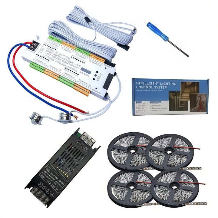 AjieQaQ® Intelligens Lépcső Világítás Készlet, Maximum 32 Lépcsőhöz, Mozgásérzékelőkkel, 20m LED Szalaggal és 400W-os Tápegységgel, Komplett Készlet az Egyszerű Telepítéshez, Meleg Fehér, Hatékony és Kényelmes