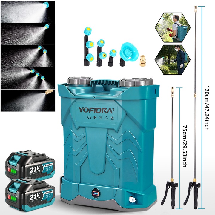 Pulverizator electric Yofidra 20L, tip rucsac, debit 4L/min, 5 duze, 2 baterii 3000mAh