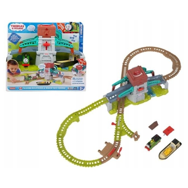 Trenulet de jucarie, Fisher Price, Mowiacy Bulstrode, set cu 18 elemente, 2,4m traseu, 45,9x38,5x14,5cm