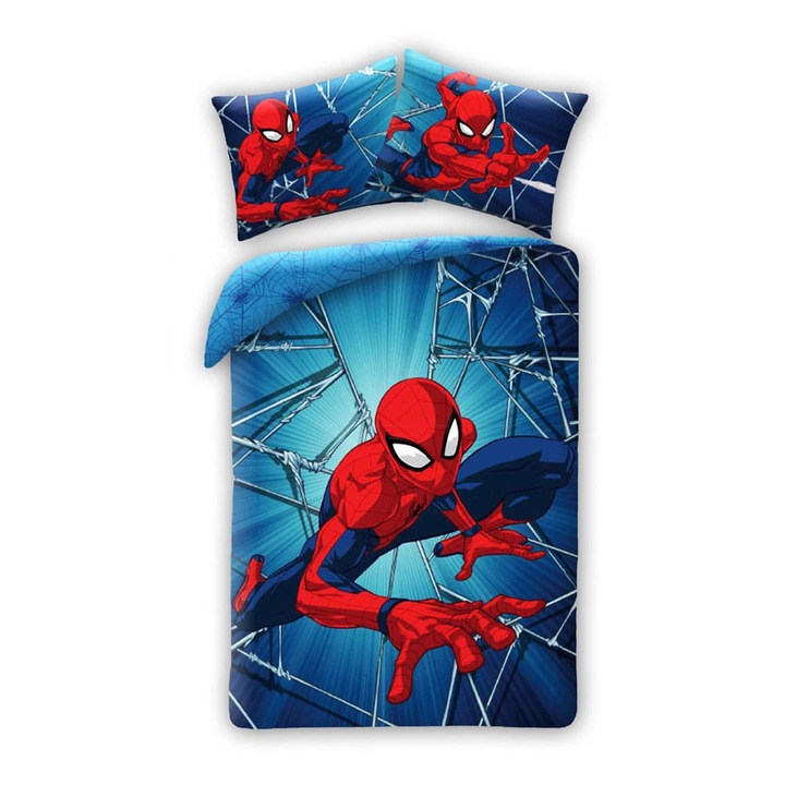 Set lenjerie Spider-Man, Halantex, 140x200 cm cu perna 70x90 cm, 100% bumbac, multicolor
