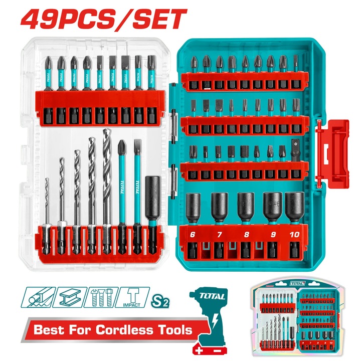 Set biti impact TOTAL 49 piese, adaptor, burghie HSS, piulite magnetice