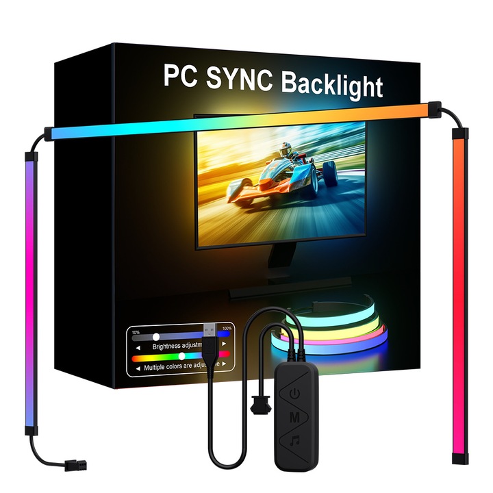 Banda led smart pentru monitor calculator de 24 inch, Omelivon, RGB, sincronizare dinamica a luminii, backlight, control prin aplicatie dedicata si telecomanda pe fir, conexiune USB, compatibil Windows si Mac OS, multicolor