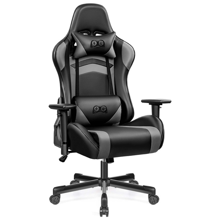Gaming szék, Aiorber, egyedi zsebrugók, állítható kartámaszok, 90°-155°-os dőlésszög, 360°-os forgatás, 330 lb teherbírás, tartós PU bőr, fekete/szürke