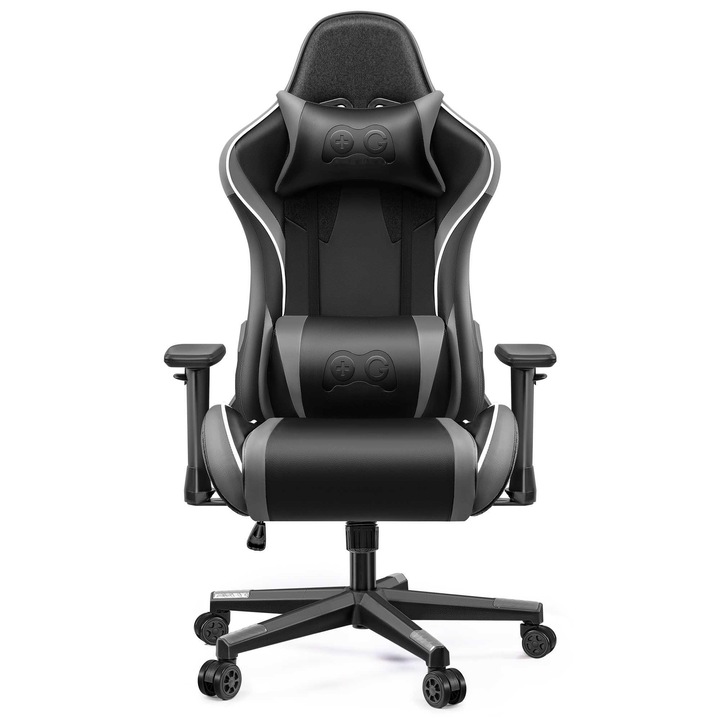 Gaming szék, Aiorber, deréktámaszpárnával, állítható karfákkal, forgó görgőkkel, vízálló PU bőrrel, 90° és 155° közötti dőlésszög-állítással, ergonomikus kialakítás, fekete/szürke