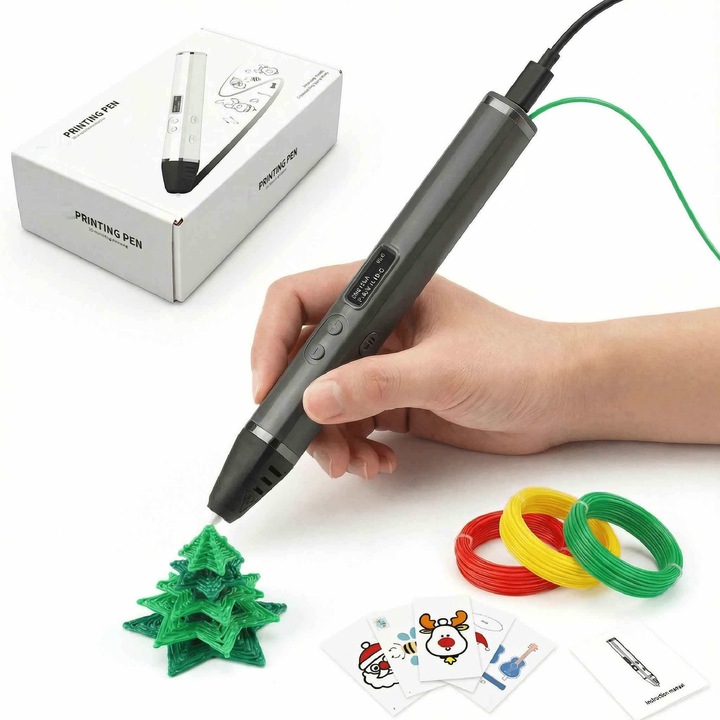 Pix de imprimare 3D, Aiorber, penita ceramica, ecran OLED, temperatura si viteza reglabile, potrivit pentru scoli si uz casnic, design ergonomic, gri