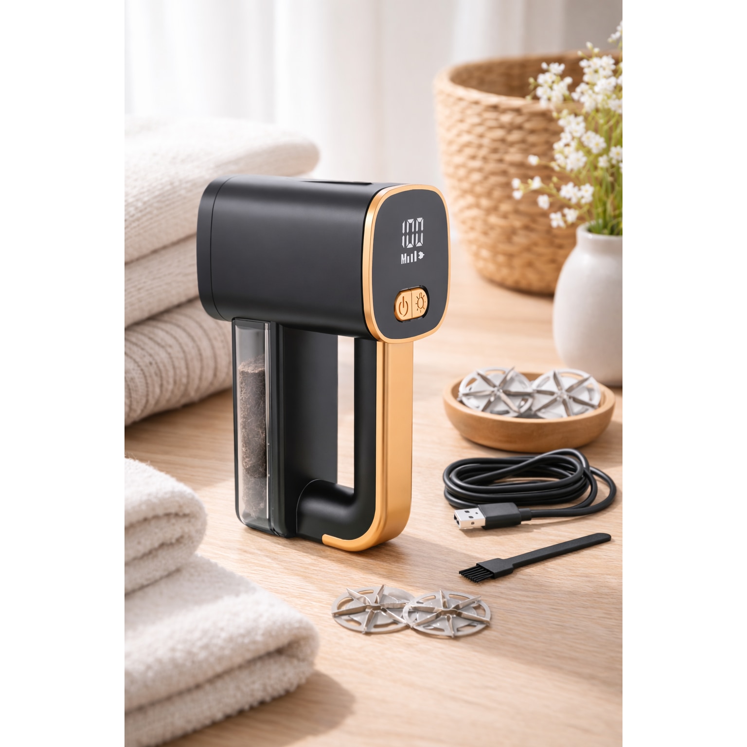 Aparat electric pentru curatarea scamelor Delicate Clothes idealSTORE, Afisaj digital si lumina LED incorporata, Reincarcabil prin USB tip C, Reglarea vitezei in 3 trepte, 6 lame din inox pentru eficienta, Timp maxim de utilizare 120 de minute
