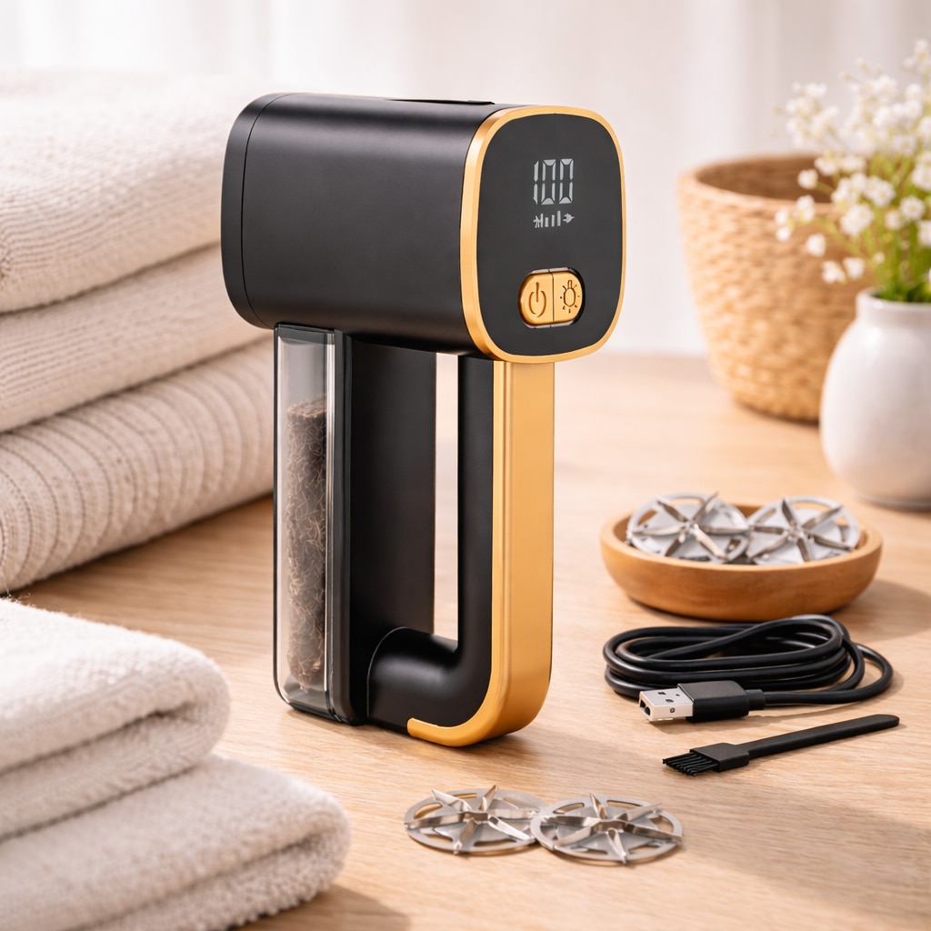 Aparat electric pentru curatarea scamelor Delicate Clothes idealSTORE, Afisaj digital si lumina LED incorporata, Reincarcabil prin USB tip C, Reglarea vitezei in 3 trepte, 6 lame din inox pentru eficienta, Timp maxim de utilizare 120 de minute
