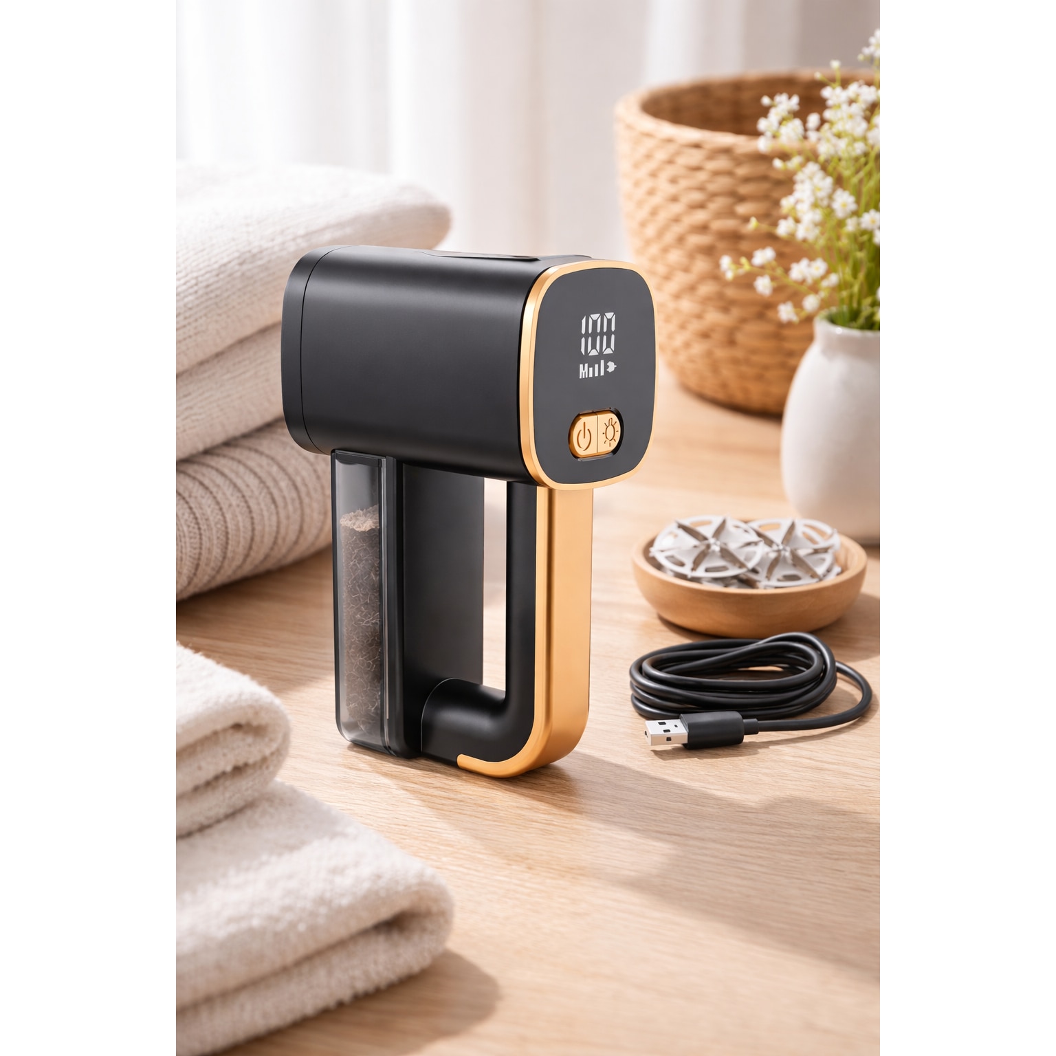 Aparat electric pentru curatarea scamelor Delicate Clothes idealSTORE, Afisaj digital si lumina LED incorporata, Reincarcabil prin USB tip C, Reglarea vitezei in 3 trepte, 6 lame din inox pentru eficienta, Timp maxim de utilizare 120 de minute