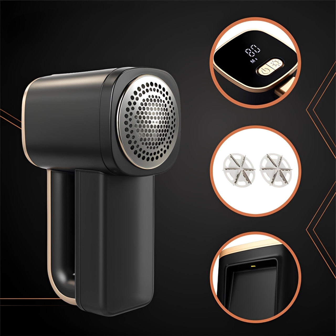 Aparat electric pentru curatarea scamelor Delicate Clothes idealSTORE, Afisaj digital si lumina LED incorporata, Reincarcabil prin USB tip C, Reglarea vitezei in 3 trepte, 6 lame din inox pentru eficienta, Timp maxim de utilizare 120 de minute