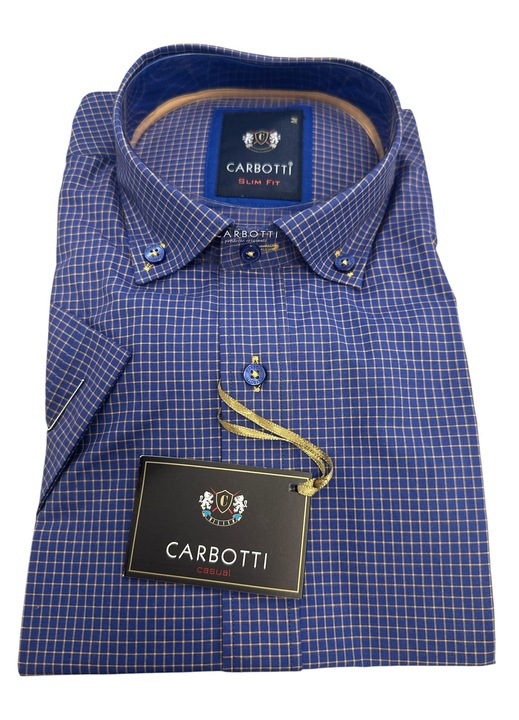 Camasa barbati Albastru carouri, slim fit, cu maneca scurta, bumbac-poliester, marimea M (39-40)