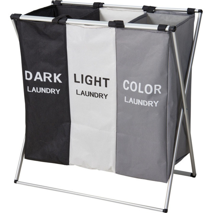 Cos de rufe cu 3 compartimente, capacitate de 35 L, 58 x 40 x 58 cm