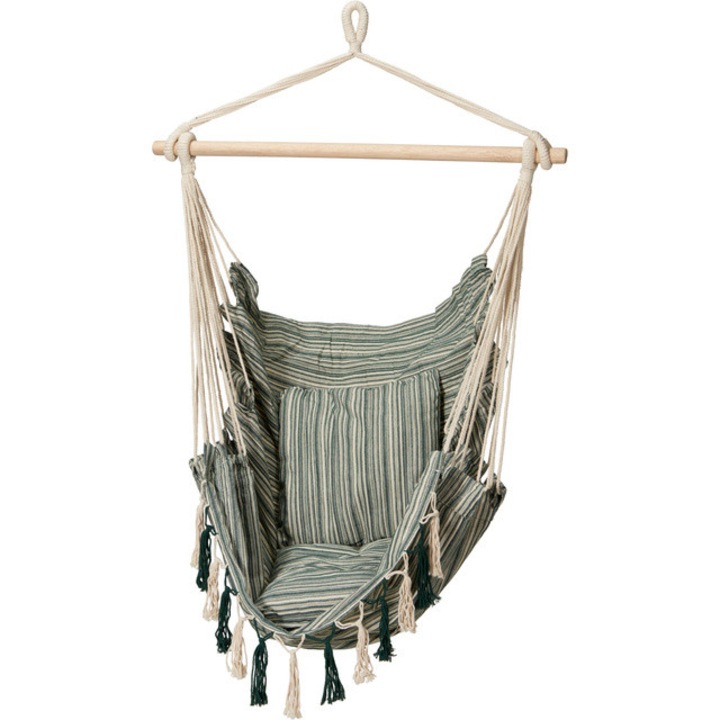 Scaun suspendat de gradina cu 2 perne, 100 x 130 cm, verde, maner din lemn