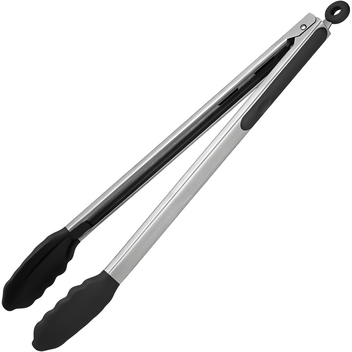 Cleste de bucatarie profesional, Extra-lung 34, 5 cm, Inox 430 si Silicon alimentar, Rezistent la 250°C, Anti-aderent, Anti-alunecare, Ideal pentru friptura, oua sau panificatie, Negru, Omelivon®