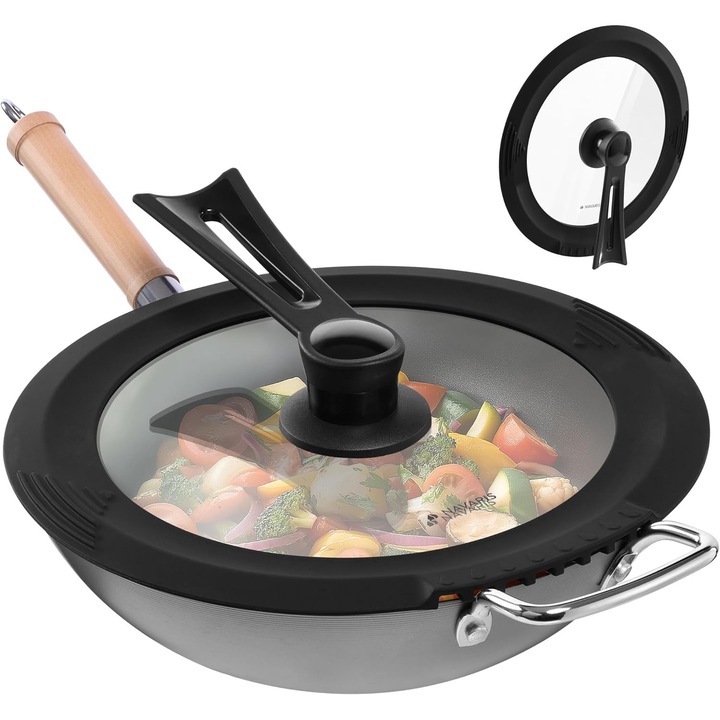Capac universal pentru oale si tigai Navaris, sticla termorezistenta, margine pentru scurgere, compatibil 26/28/30 cm, Transparent/Negru