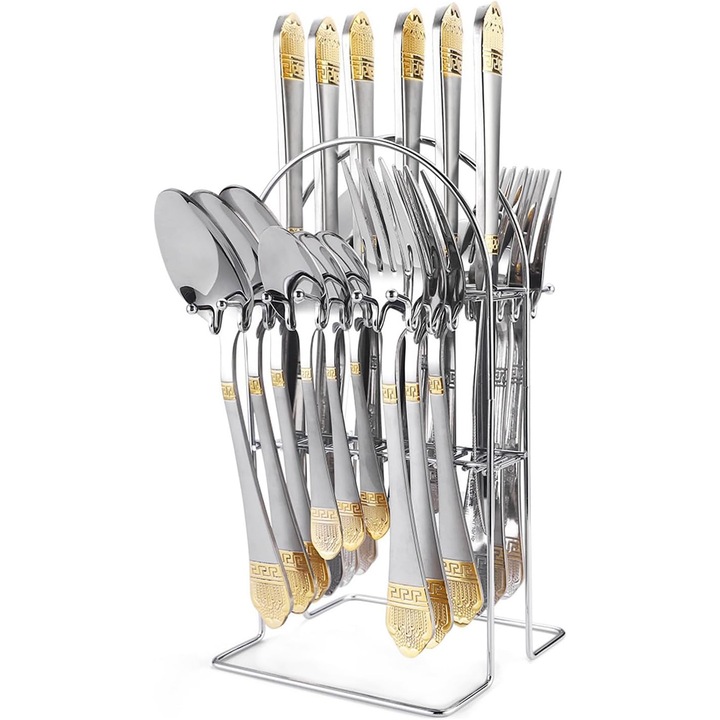 Set de tacamuri din otel inoxidabil, 24 de piese, YDCY™, cu suport pentru tacamuri, lingura, furculita si set de cutite, set de tacamuri suspendate pentru 6 persoane, set de tacamuri pentru masa de acasa (auriu/argintiu)