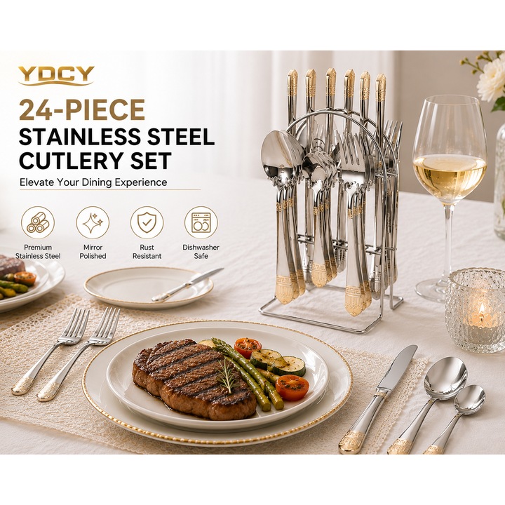 Set de tacamuri din otel inoxidabil, 24 de piese, YDCY™, cu suport pentru tacamuri, lingura, furculita si set de cutite, set de tacamuri suspendate pentru 6 persoane, set de tacamuri pentru masa de acasa (auriu/argintiu)