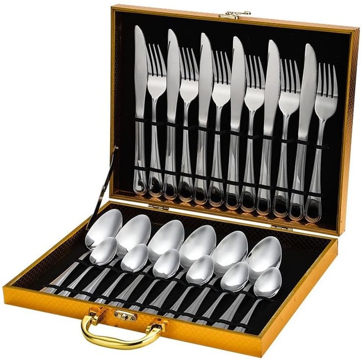 Set de tacamuri din argint, YDCY™, set de 24 de piese din otel inoxidabil 304 cutit, furculita si lingura, set cadou auriu, potrivit pentru bucatariile de familie, petreceri de sarbatori si restaurante (argint)