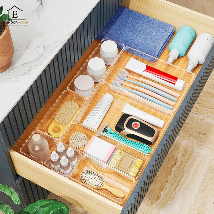 Set 31 Cutii Depozitare Elindor® Organizator pentru Bucatarie si Baie, 4 Marimi, Organizatoare Dulap si Sertare, Cutie pentru Sertar, Frigider, Camara, Baie, Bar, Birou, Cos Multifunctional, Separator Fructe, Legume, Creme, Parfumuri, Plastic Acrilic