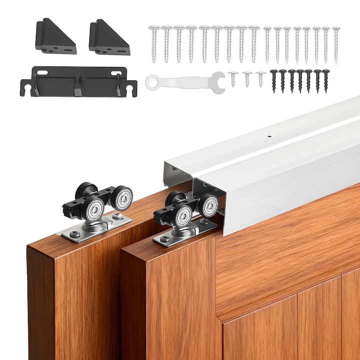 Kit feronerie usi culisante bypass, 2 usi, sina dubla 1, 22 m, aliaj aluminiu, glisare lina, latime usa 61 cm