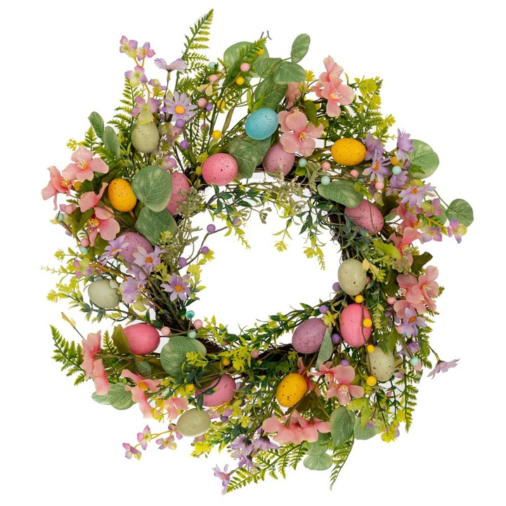 Decoratiune Pasti coronita cu oua si flori multicolore, diametru 55 cm