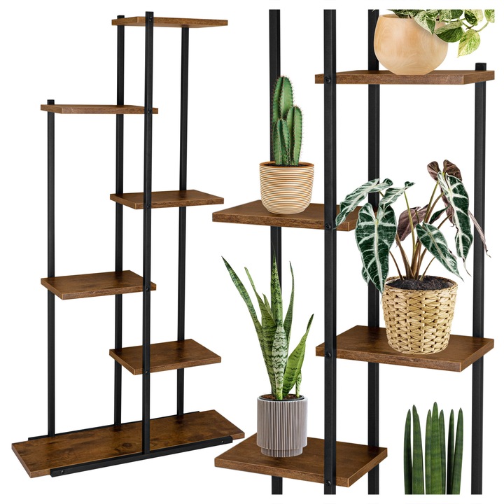 Suport metalic pentru plante LoftInspired IKER, 6 niveluri, negru/postarzany dab, 113x60x20cm