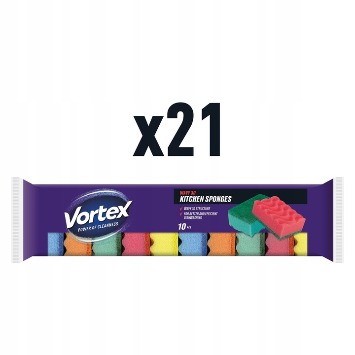 Set bureti de bucatarie, Vortex, 3D Wave, 10 bucati, 210 bucati per cutie, curatare eficienta, curatare delicata, forma ergonomica, durabilitate ridicata, multicolor, material: spuma poliuretanica + strat abraziv, structura cu doua straturi, ideal pentru