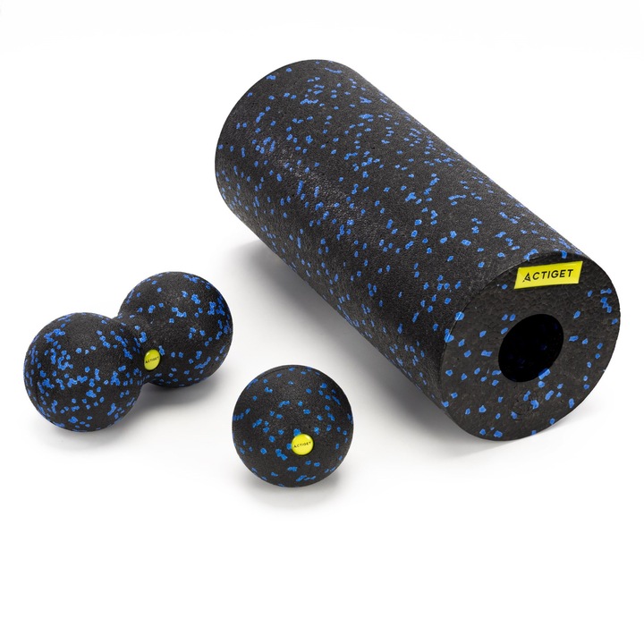 Set de masaj Actiget, rola, minge de masaj, minge dubla de masaj, negru-albastru, 3 piese