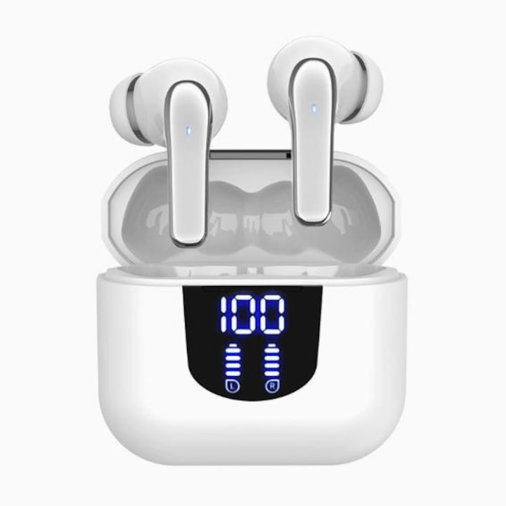 Casti wireless cu izolare a zgomotului, In-ear Bluetooth, Casti Wireless Audio, Fara fir, Afisaj Digital, Casti Bluetooth 5.4, Autonomie Bluetooth 42 ore, Microfon Audio HD, Control touch, Latenta Wireless 45 ms, IPX4, Sport, Universale, Alba