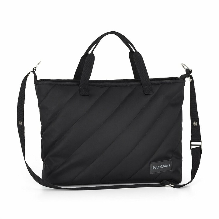 Geanta pentru mamici, Petite&Mars, Mia, Compartimente multiple, Buzunare interioare si exterioare- inclusiv termice, Curea de umar, Sistem de prindere pe carucior, 38 x 27 x 14 cm, Negru