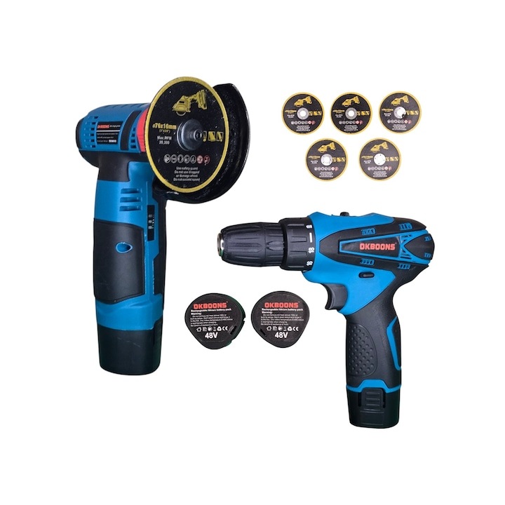Комплект Електрически Инструменти OKBOONS, Бормашина и Ъглошлайф (Флекс), 2 Батерии 48V, Включени Аксесоари