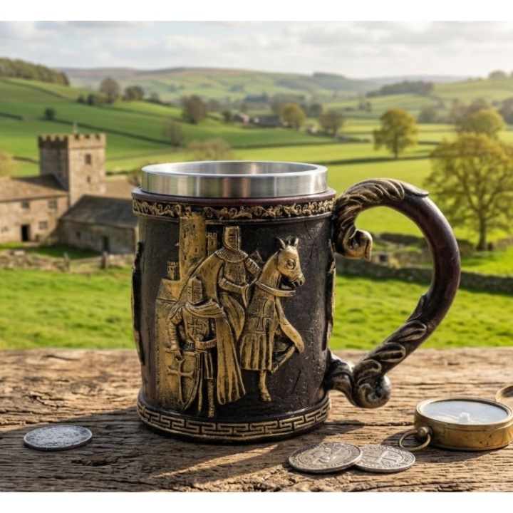 Cana Medievala Carodis cu Cavaler si Castel, Interior Inox, Cana Vintage Tip Halba Stil Medieval Fantasy, Rasina Decorativa, 350 ml