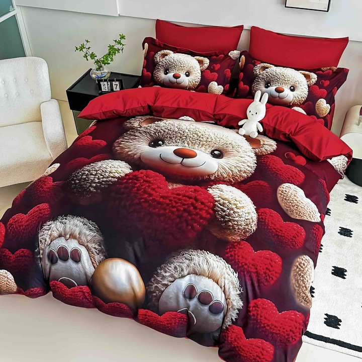 Gumis ágynemű, 6 részes, 2 személyes, 5D, 180x200 cm, Jojo home, aranyos maci mintával