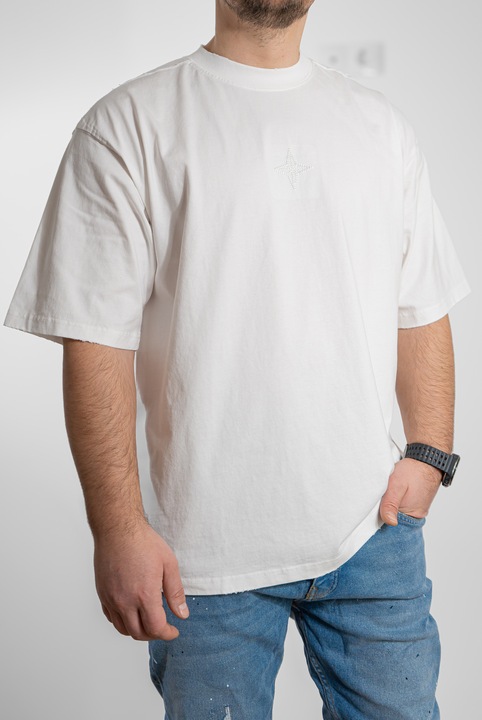 Tricou barbati, oversize, 9130, detalii brodate, bumbac, Alb