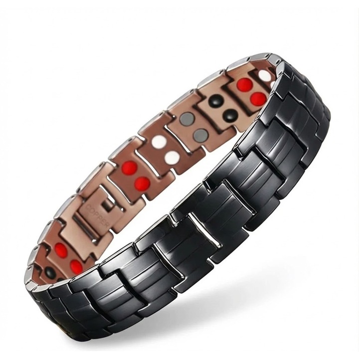 Bratara barbati KarmaShop, Vital Force Black, Cupru 100%, Neagra, Ajustabila 22 cm, Set cu dispozitiv de ajustare