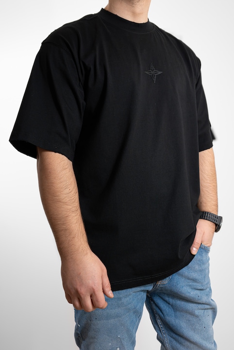 Tricou barbati, oversize, 9130, detalii brodate, bumbac, Negru