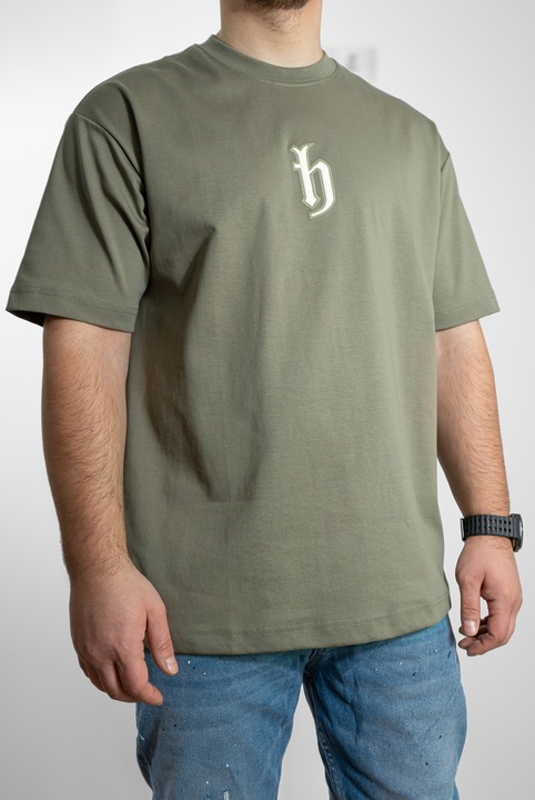 Tricou barbati, oversize, 1632, detalii brodate, bumbac, Verde