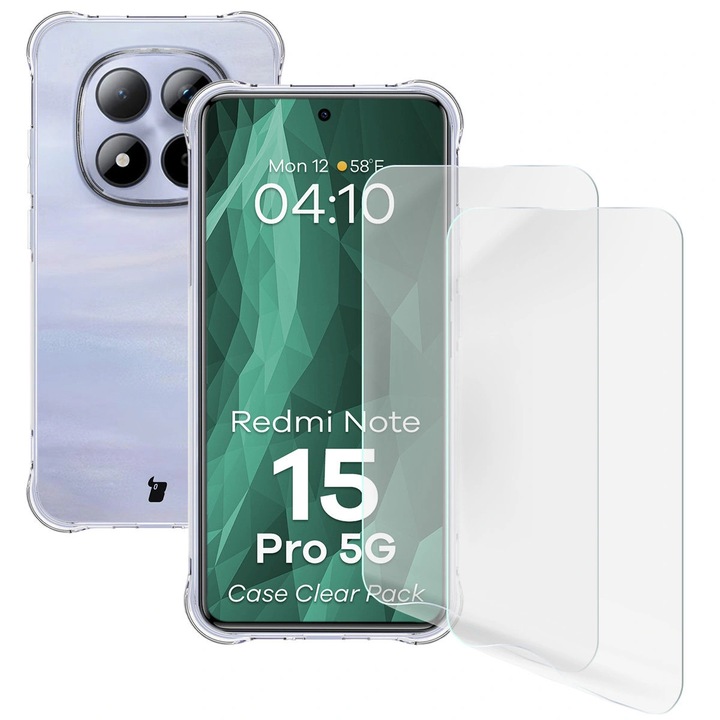 Комплект Калъф + 2 Защитно фолио, Bizon Case Clear Pack за Xiaomi Redmi Note 15 Pro 5G, Прозрачен