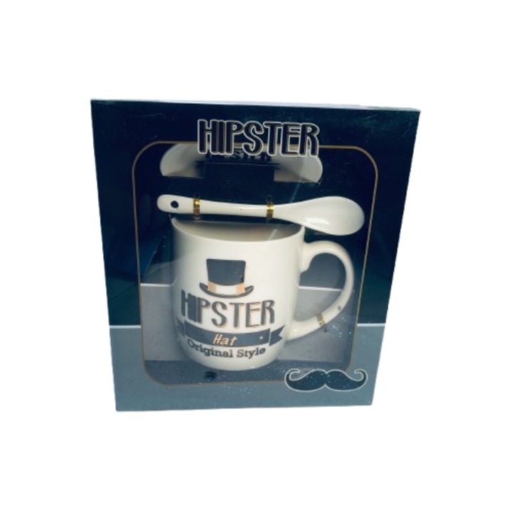 Set cana cu lingurita HIPSTER – Hat Original Style, ceramica, cadou ideal pentru barbati