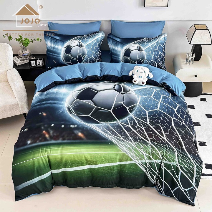 Ágynemű, gumis, 6 részes, 2 személyes, 5D, 180x200 cm, Jojo Home, focipálya mintával