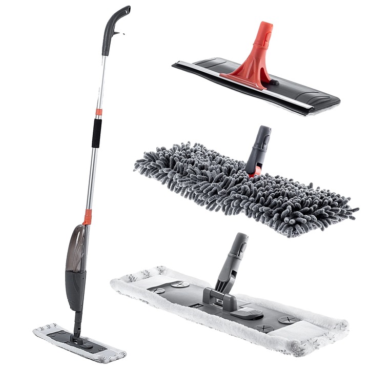 Mop spray, 500 ml, material microfibra, set cu 3 cartuse pentru diverse suprafete, asamblare usoara