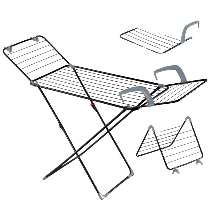 Uscator rufe, 18 metri suprafata de uscare, 15 kg capacitate maxima, mecanism de blocare sigur, mobilitate cu roti
