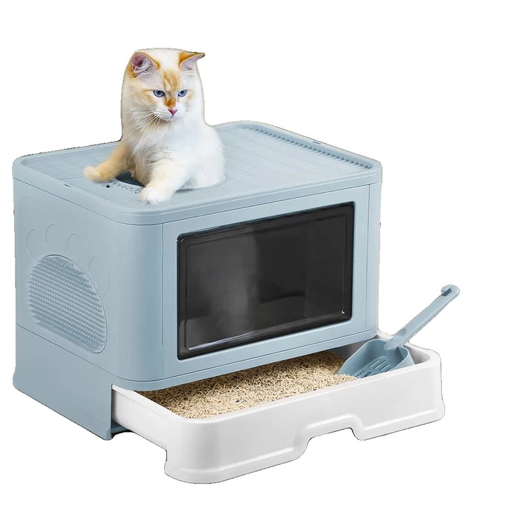 Litiere pentru pisici, design igienic, albastra, dimensiuni potrivite pentru pisici pana la 10kg