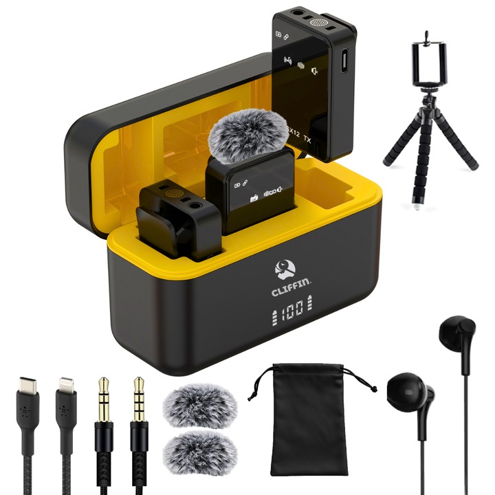 Set 2 Microfoane Lavaliera Profesionale CLIFFIN®, Microfoane Wireless cu reducere zgomot inteligenta dubla, 360° HD, Raza 50 m, Display LED, Carcasa Magnetica Incarcare 1100 mAh, Autonomie 48h, USB-C, adaptor Lightning, USB, TRS compatibil Android, iOs