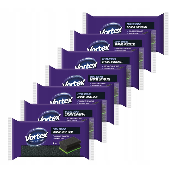 Burete de bucatarie, Vortex, Profiled Jumbo, Dimensiune mare, 1 bucata, Set de 7 pachete, Spuma poliuretanica + strat abraziv, Amestec de culori, Rezistent la abraziune, Forma ergonomica, Solutie