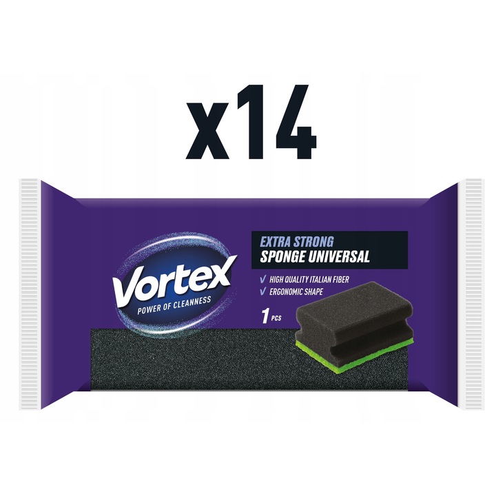 Burete de bucatarie, Vortex, Profiled Jumbo, Dimensiune mare, 1 bucata, Set de 14 pachete (14 × 1 bucata), Spuma poliuretanica + strat abraziv, Amestec de culori, Forma ergonomica, Rezistent la abraziune, Usor de clatit, Solutie