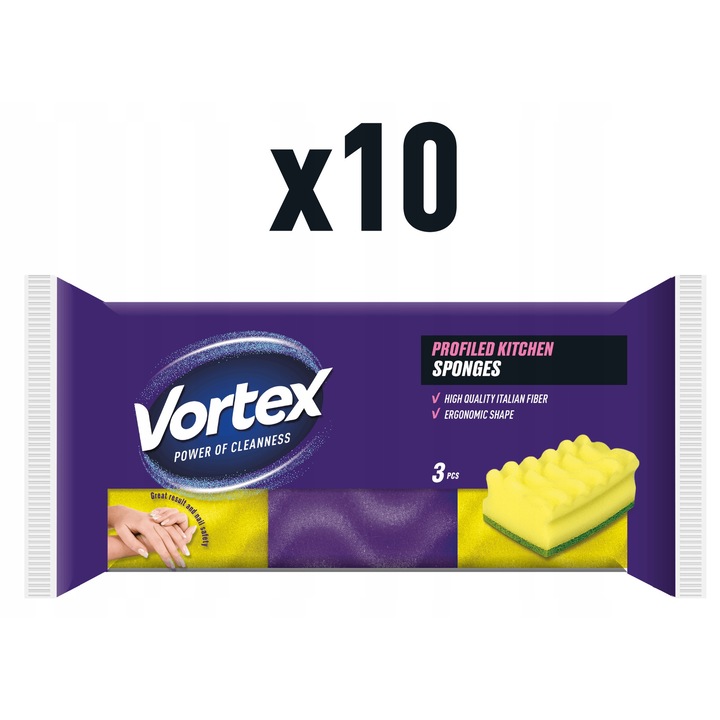 Bureti de bucatarie, Vortex, Profiled and Care, 3 bucati, Set de 10 pachete (10×3 bucati), 30 bucati, Ergonomici, Strat dublu, Delicati cu mainile, Foarte absorbanti, Utilizare universala, Amestec de culori, Spuma poliuretanica + strat abraziv, Nou