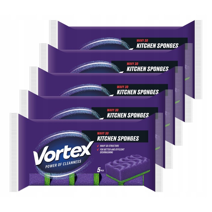 Bureti de bucatarie, Vortex, 3D Wave, Multicolor, Set de 25, Strat dublu, Ergonomici, Curatare eficienta, Rezistente la zgarieturi, Perfecte pentru spalarea vaselor, blaturilor si suprafetelor de bucatarie, Durabilitate ridicata, Amestec de culori, 5