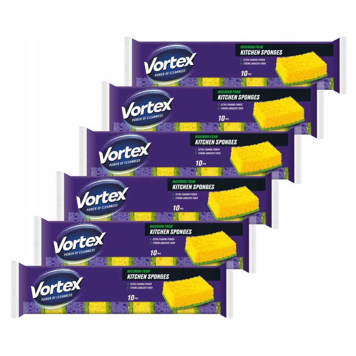 Set bureti de bucatarie, Vortex, 10 bucati, spuma poliuretanica + strat abraziv, pentru spalarea vaselor, oalelor, tigailor, blaturilor de bucatarie, violet si galben, 60 bucati per cutie (6×10), structura cu strat dublu, durabilitate, prindere