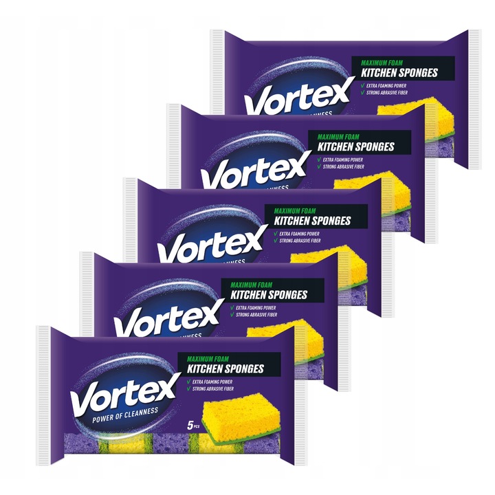 Set bureti de bucatarie, Vortex, 5 bucati, strat dublu, pentru spalat vase, pentru curatat, violet si galben, spuma poliuretanica + strat abraziv, durabili, ergonomici, super